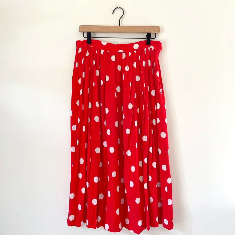 Vintage Red White Polka Dot Pleated Midi Skirt High Waist Retro Size 6 Dopamine